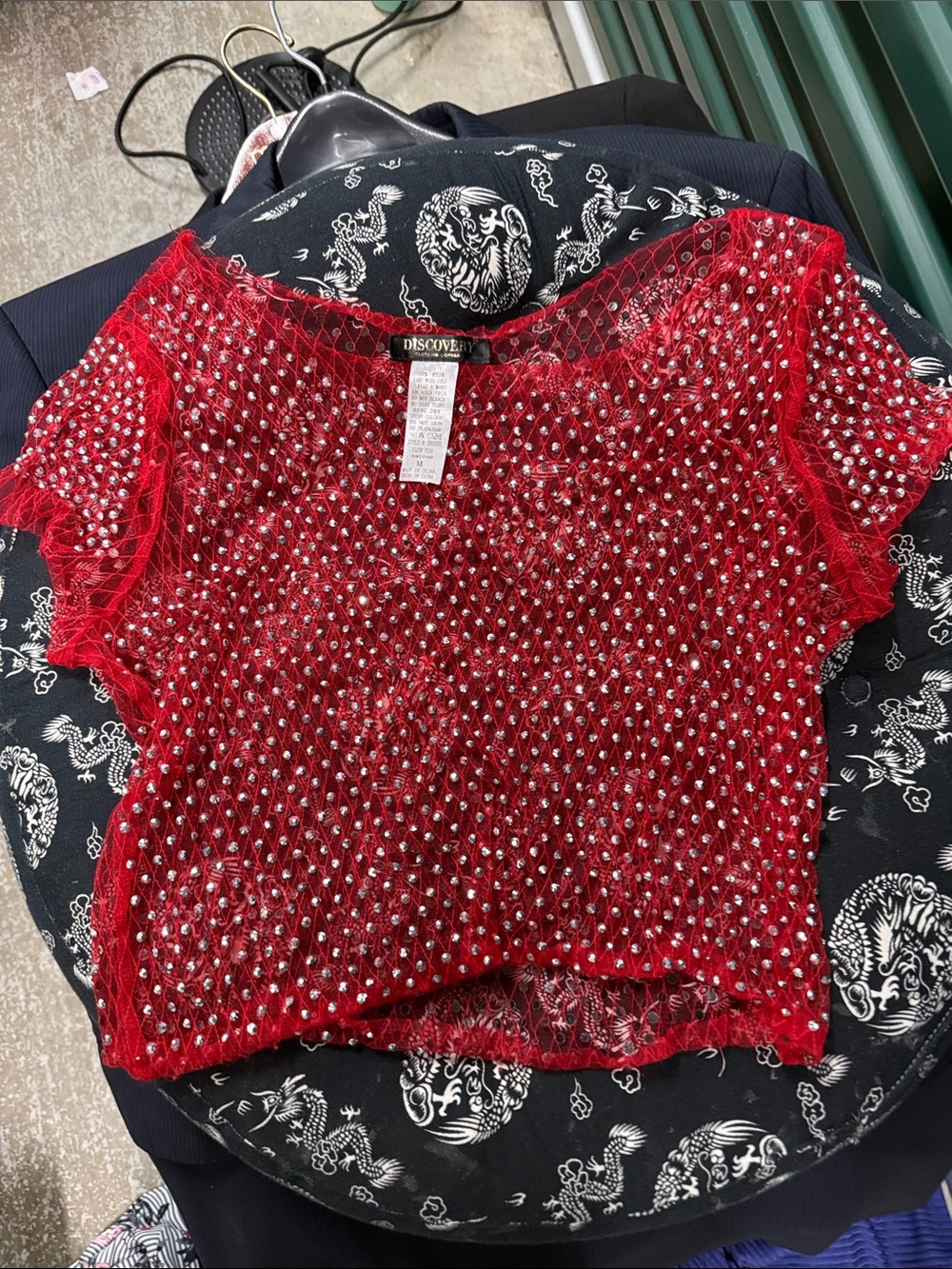 Discovery Red Mesh Rhinestone Short Sleeve Camisole